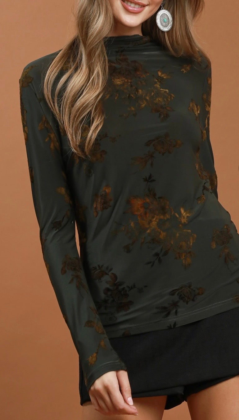 Olive Floral Mock Neck Long Sleeve Top