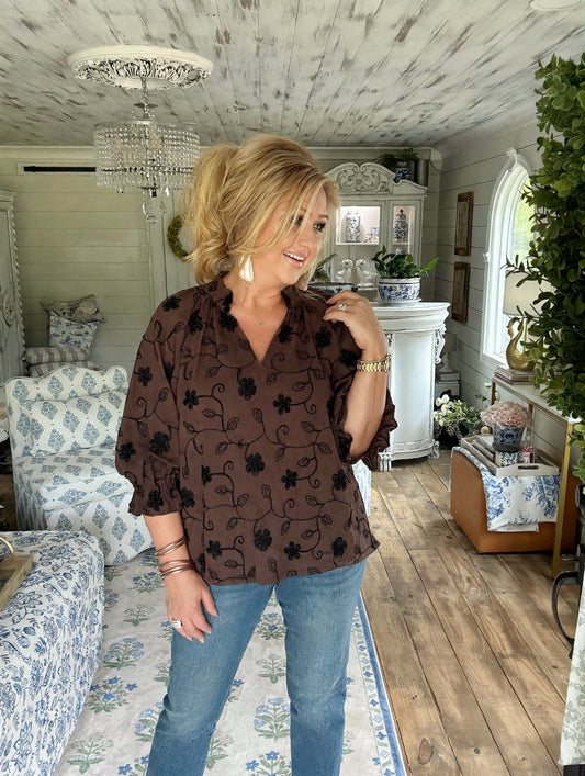 Brown Texture Fabric Floral
Embroidered Top