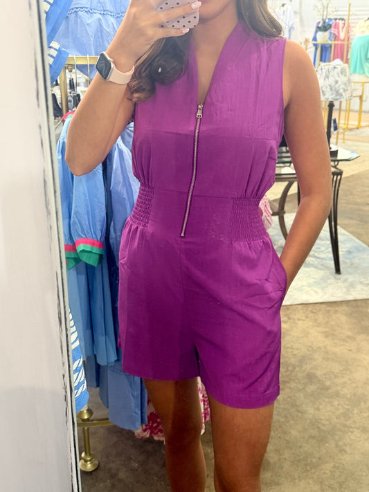 Viola Smocking Sleeveless Front Zip Romper