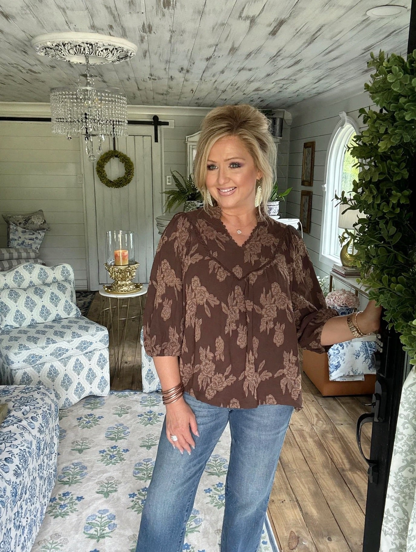 Cocoa  floral textured scallop V-neck, baby doll blouse