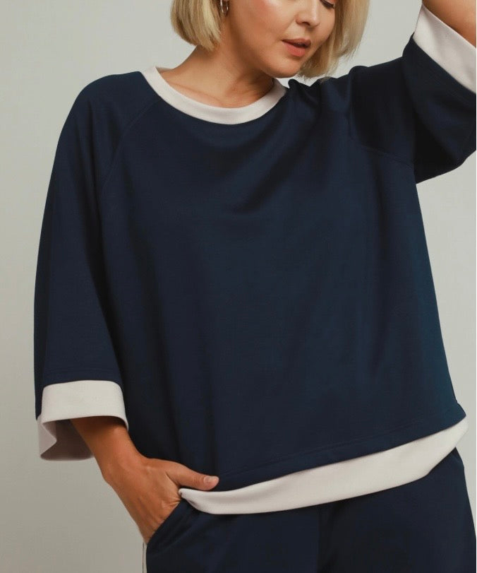 Midnight Blue LuxeKnit Colorblock Crewneck
Raglan Sleeve Top & Pant Set