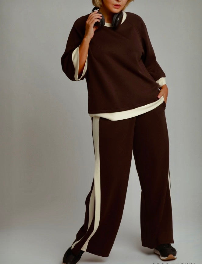 Coco Brown LUXEKNIT Colorblock Crewneck
Raglan Sleeve Top & Pant Set
