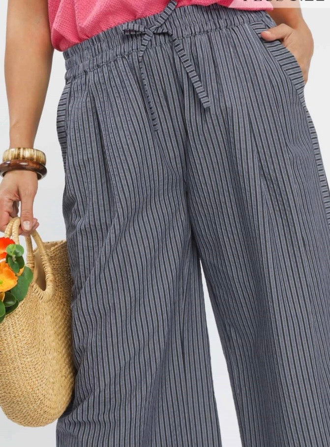 Navy striped wide leg pants
