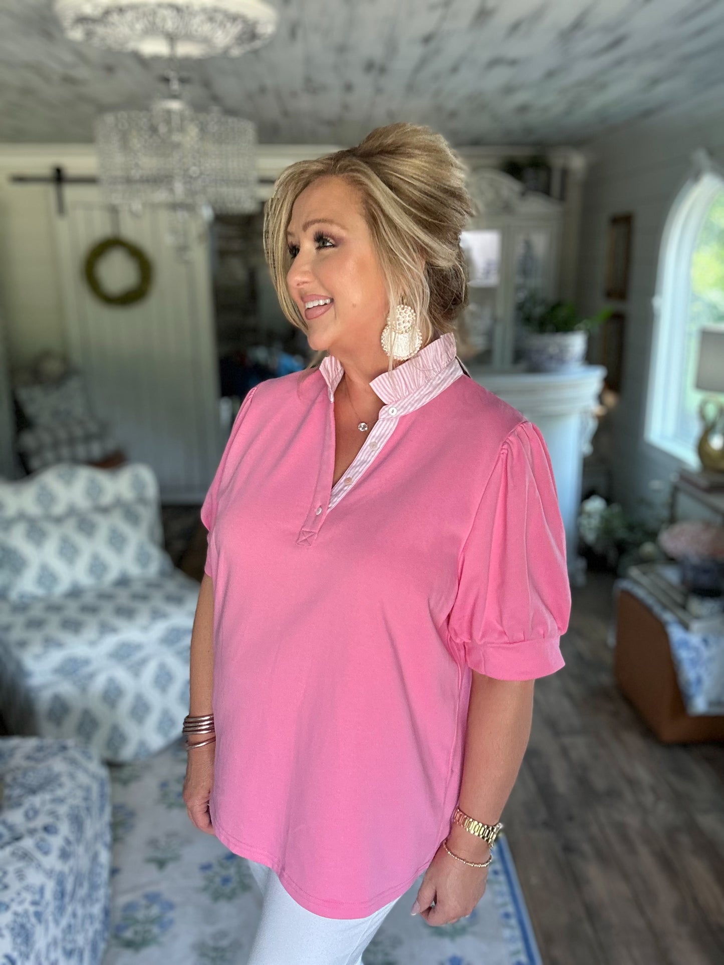 Bubble, pink, high ruffle neck top
