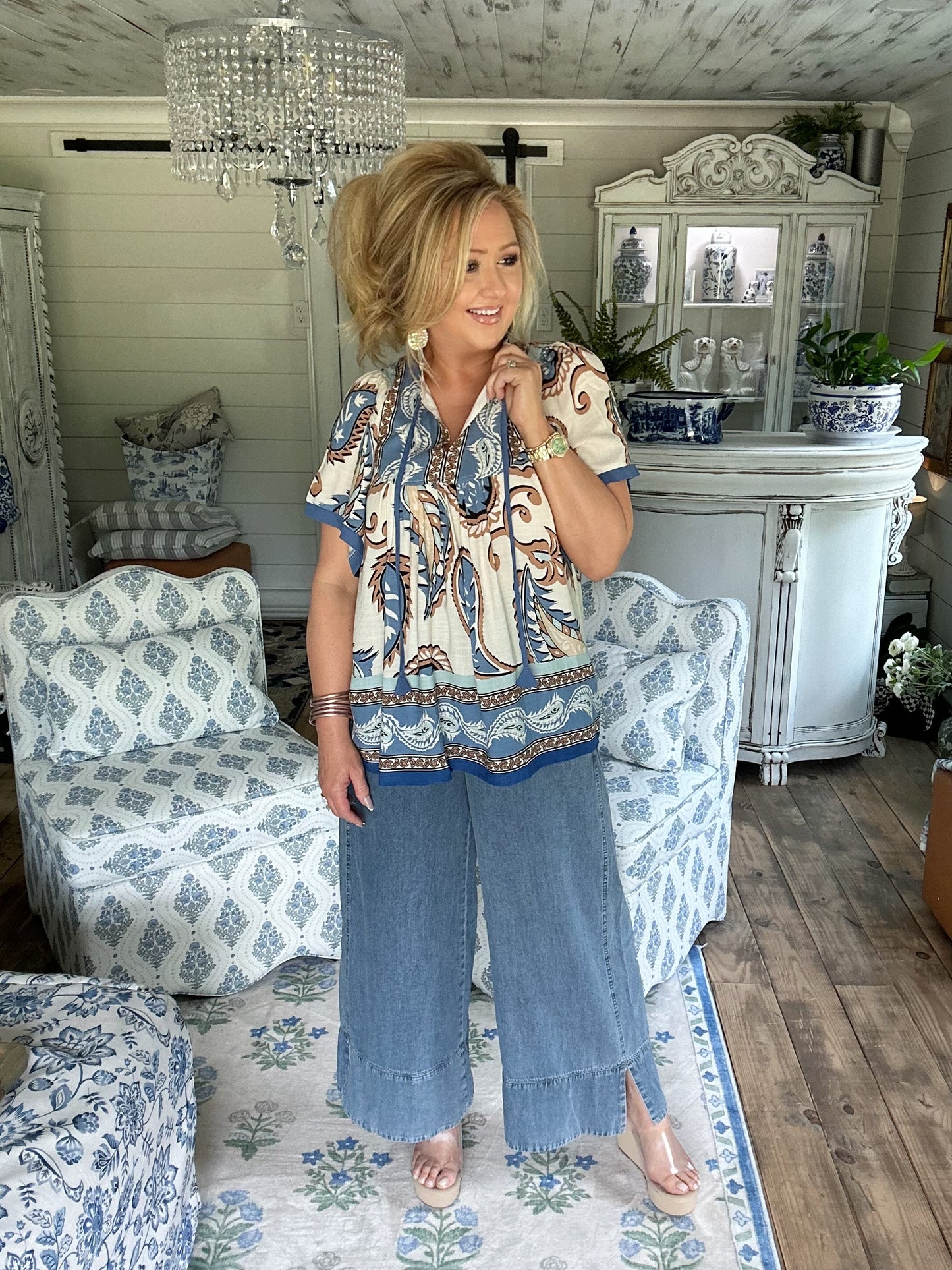 Blue mix paisley border print tassel top