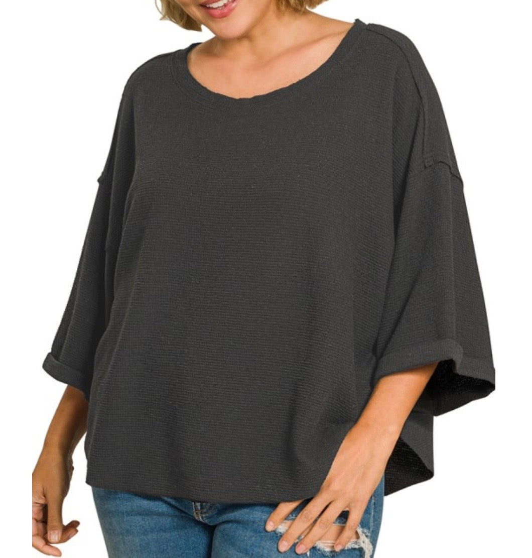 Black plus double knit curved hem short sleeve top.