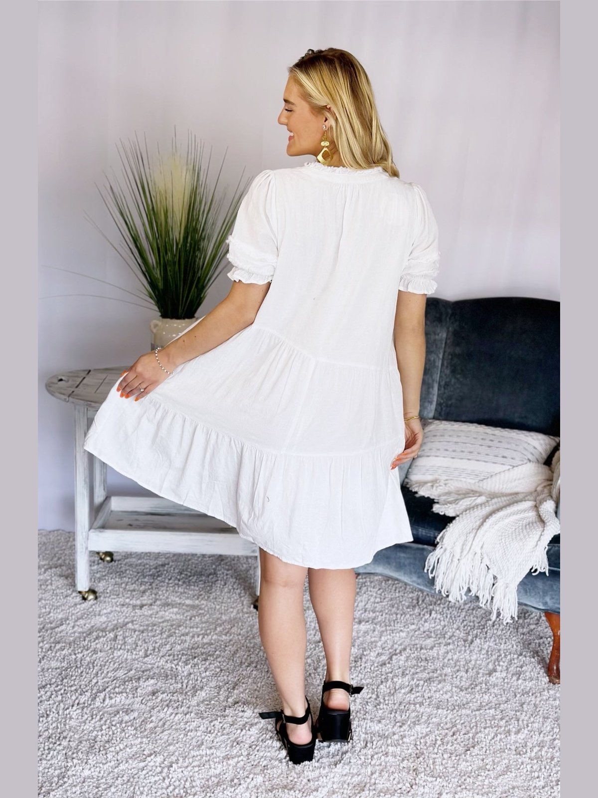 Misty Ivory V-Neck Puff Sleeve Dress