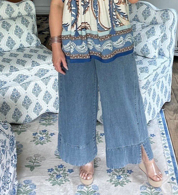 Lt. Denim Stone Washed Wide Leg Pants.
