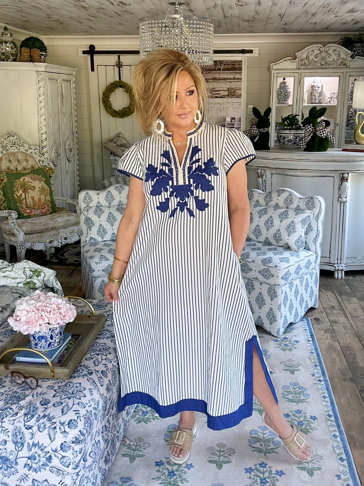 Stripe Midi Dress with Lace Trim