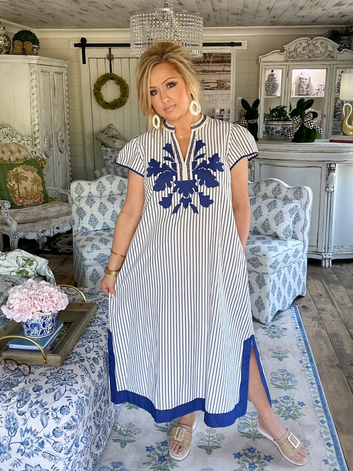 Stripe Midi Dress with Lace Trim