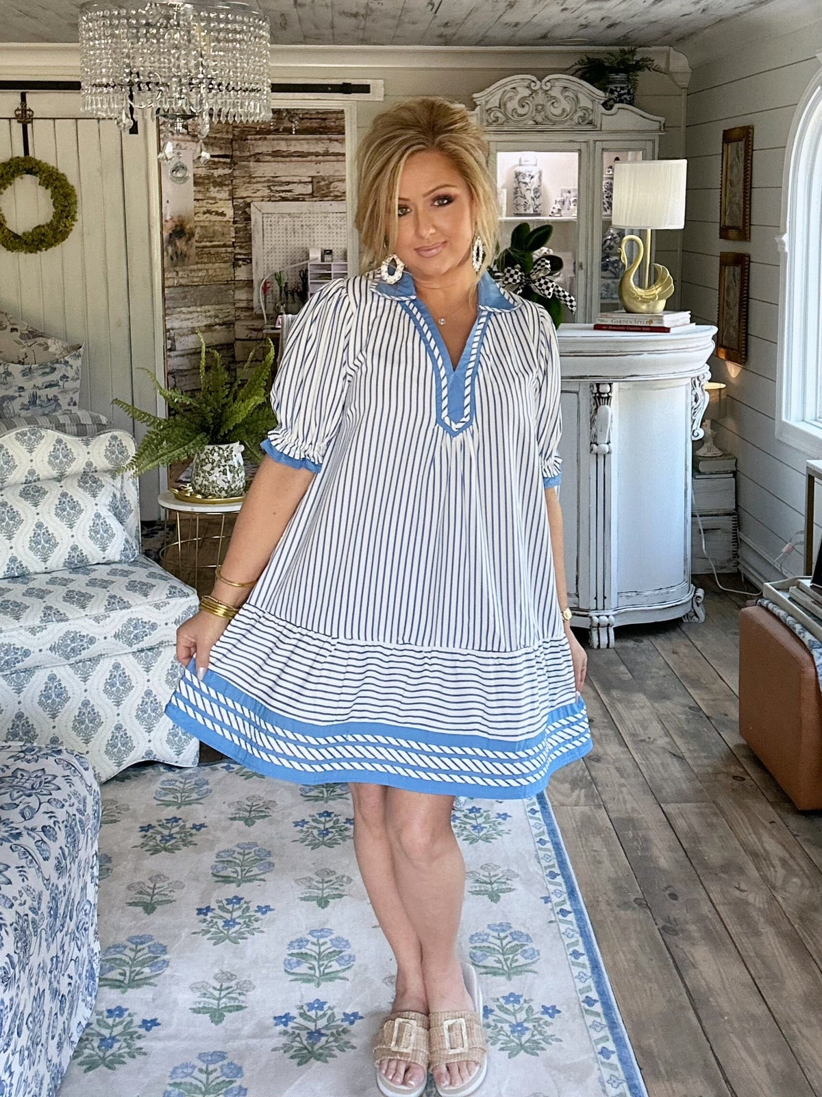 Lt.Blue Striped Contrast Trim Tiered Mini Dress