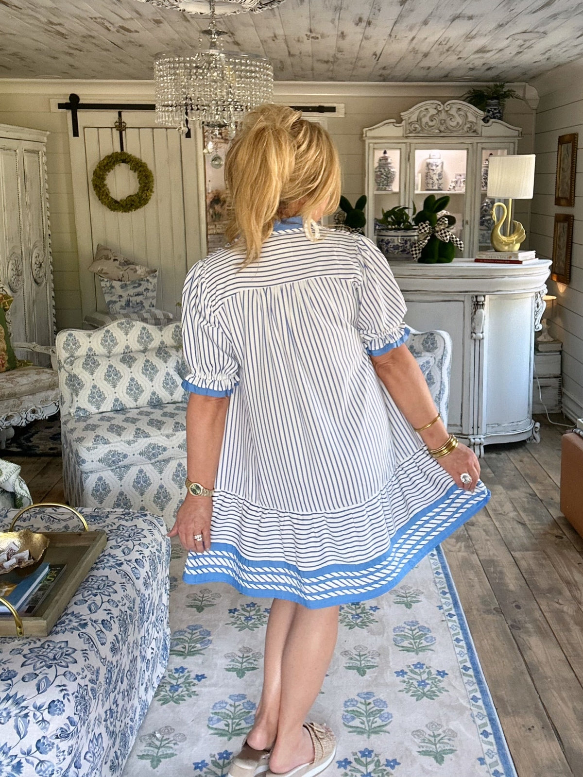 Lt.Blue Striped Contrast Trim Tiered Mini Dress