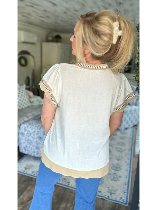 Oatmeal contrast scallop trim top