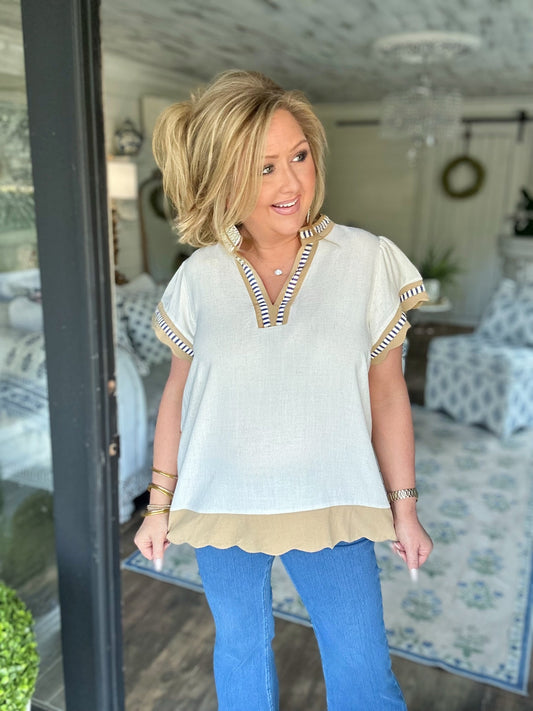 Oatmeal contrast scallop trim top