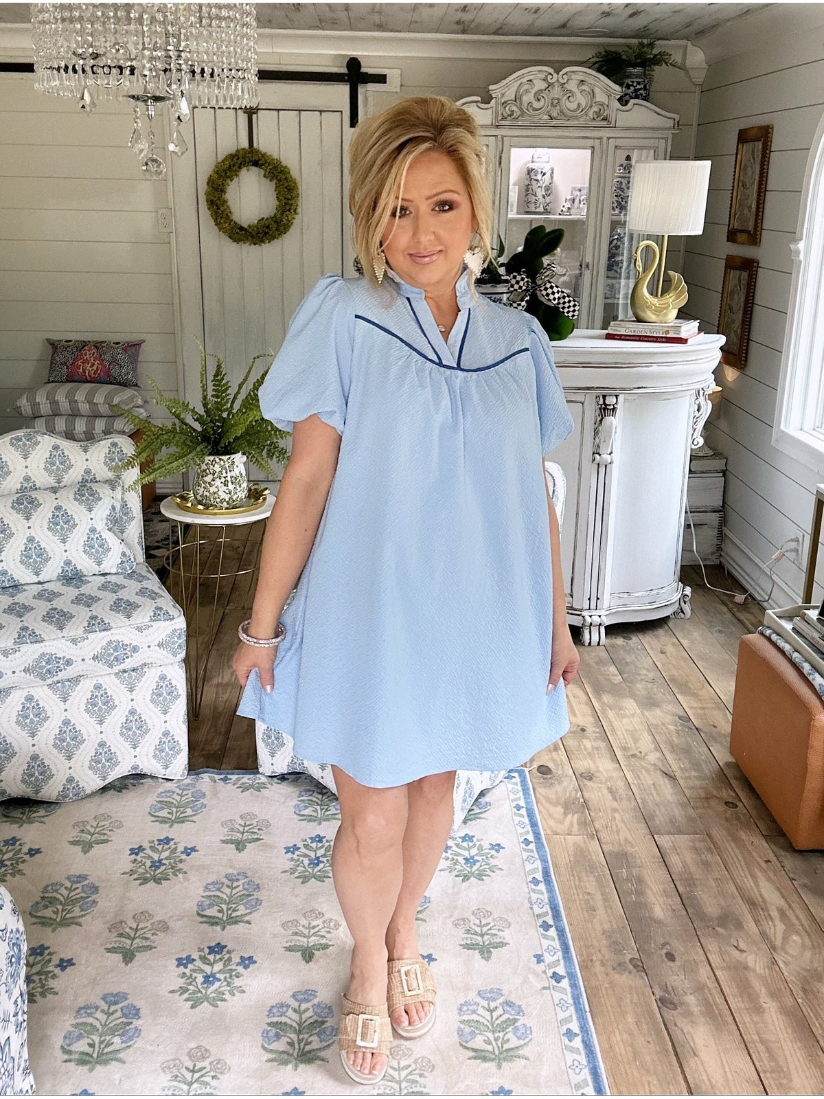 Blue Seersucker Puff Sleeve Dress
