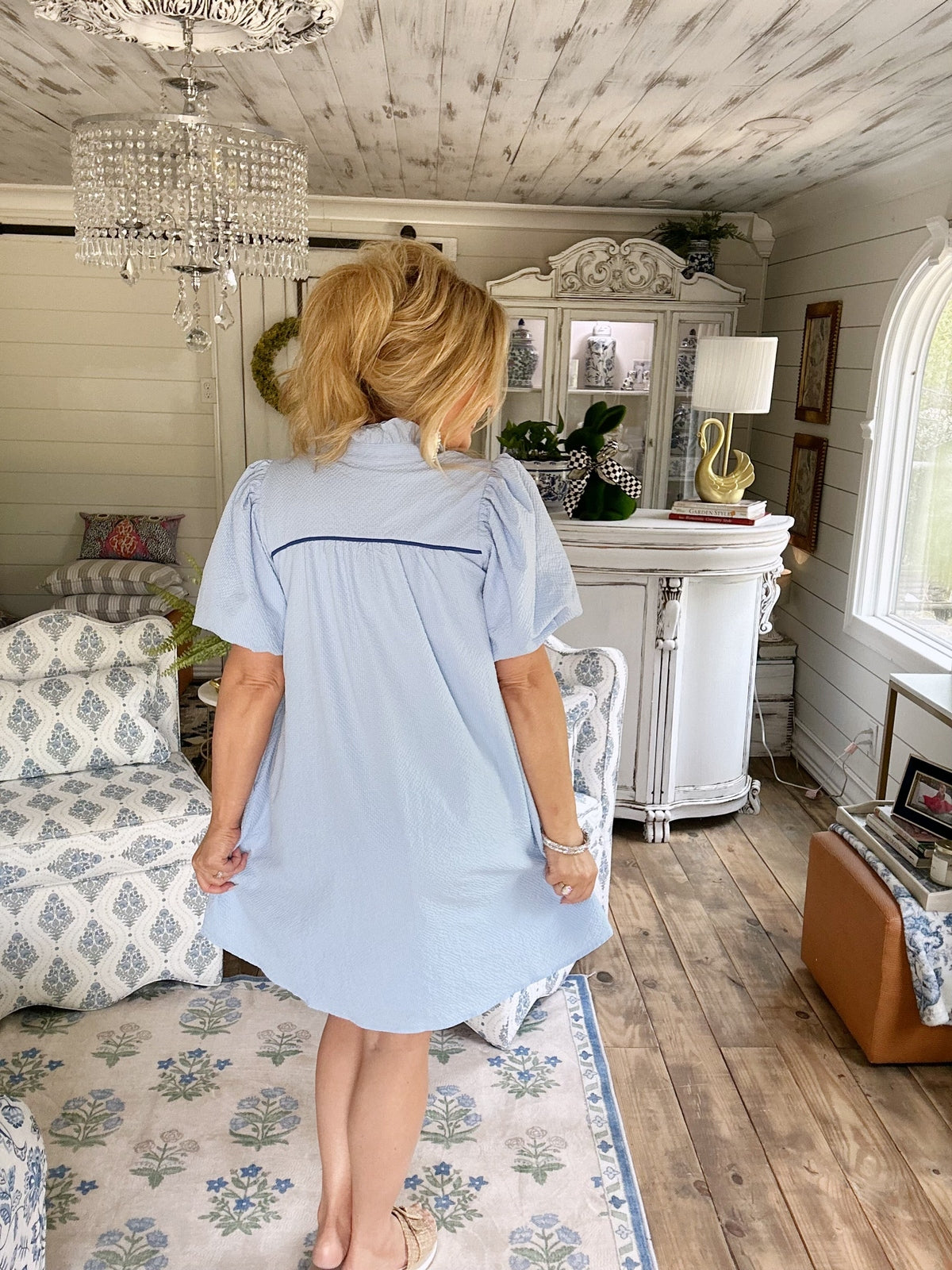 Blue Seersucker Puff Sleeve Dress