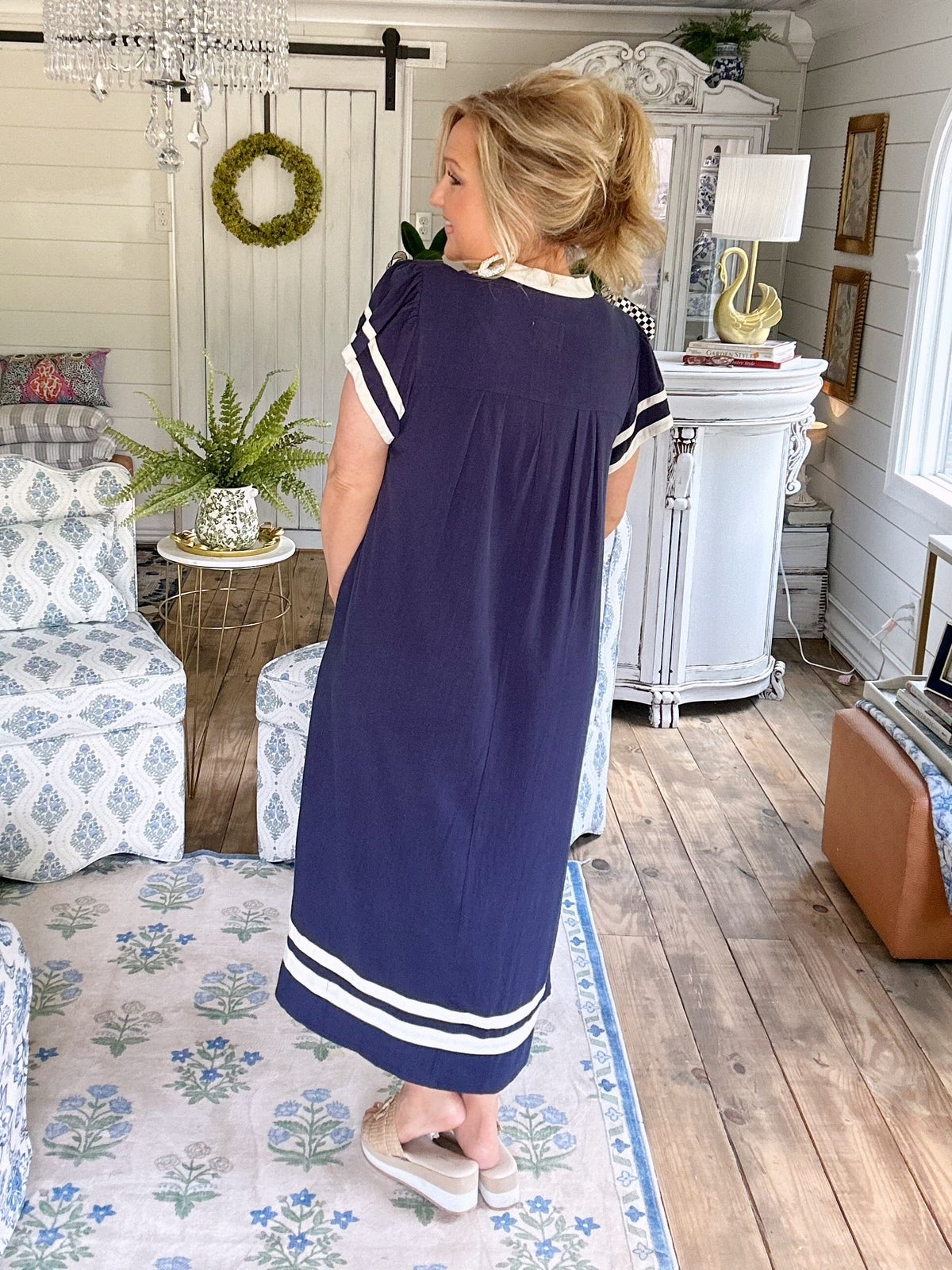Navy Linen Cotton Contrast Neckline Midi Dress