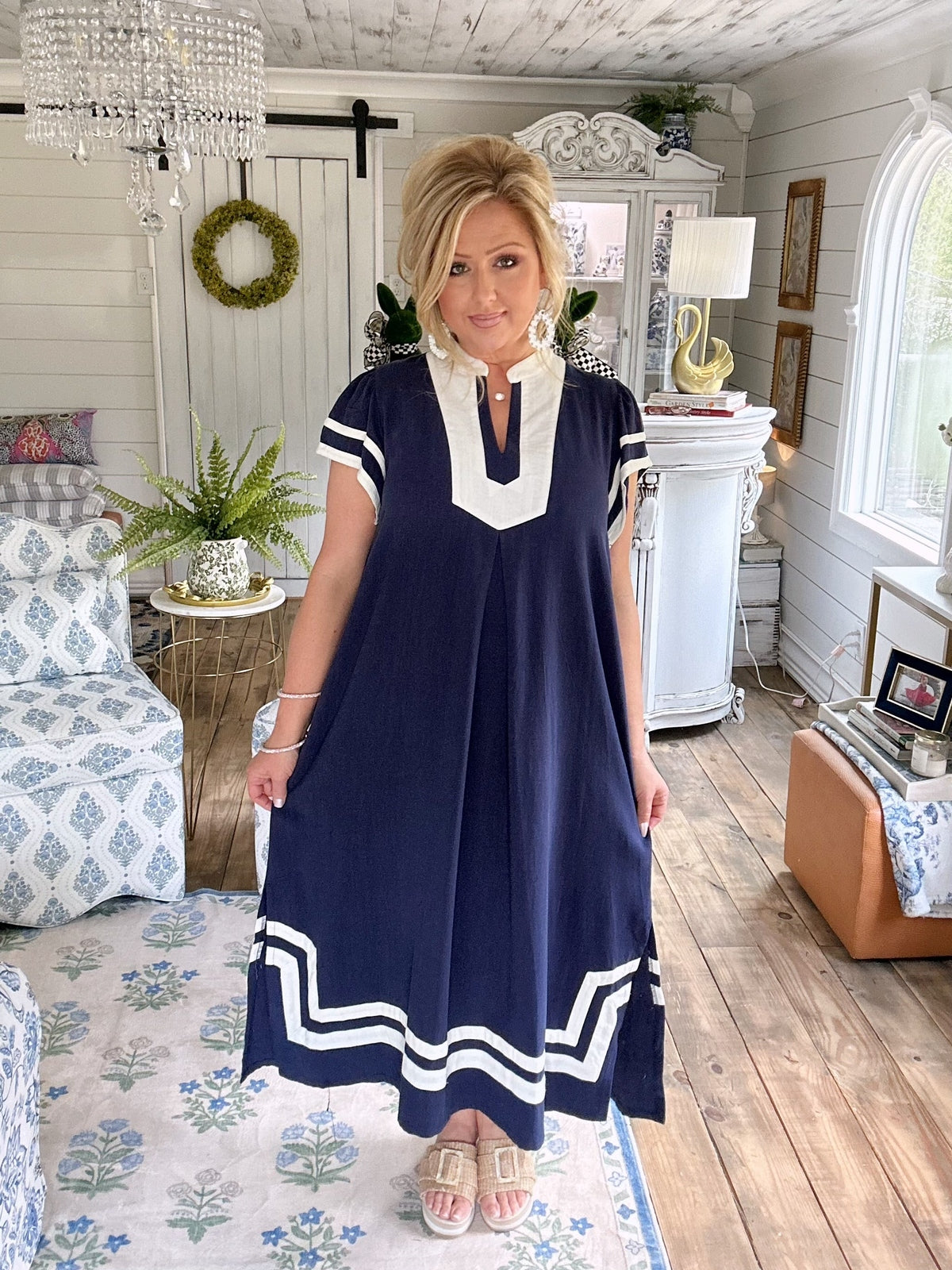 Navy Linen Cotton Contrast Neckline Midi Dress