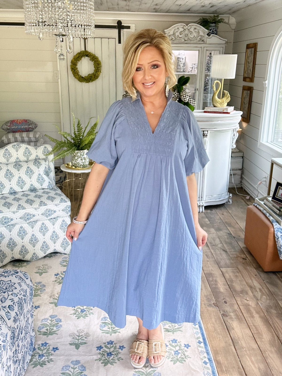 Smocked Front Cotton Midi Dress in Lagoon