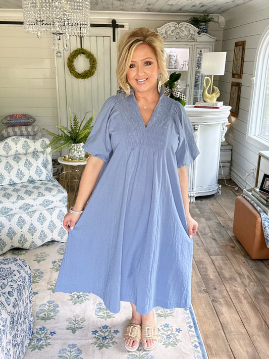 Smocked Front Cotton Midi Dress in Lagoon