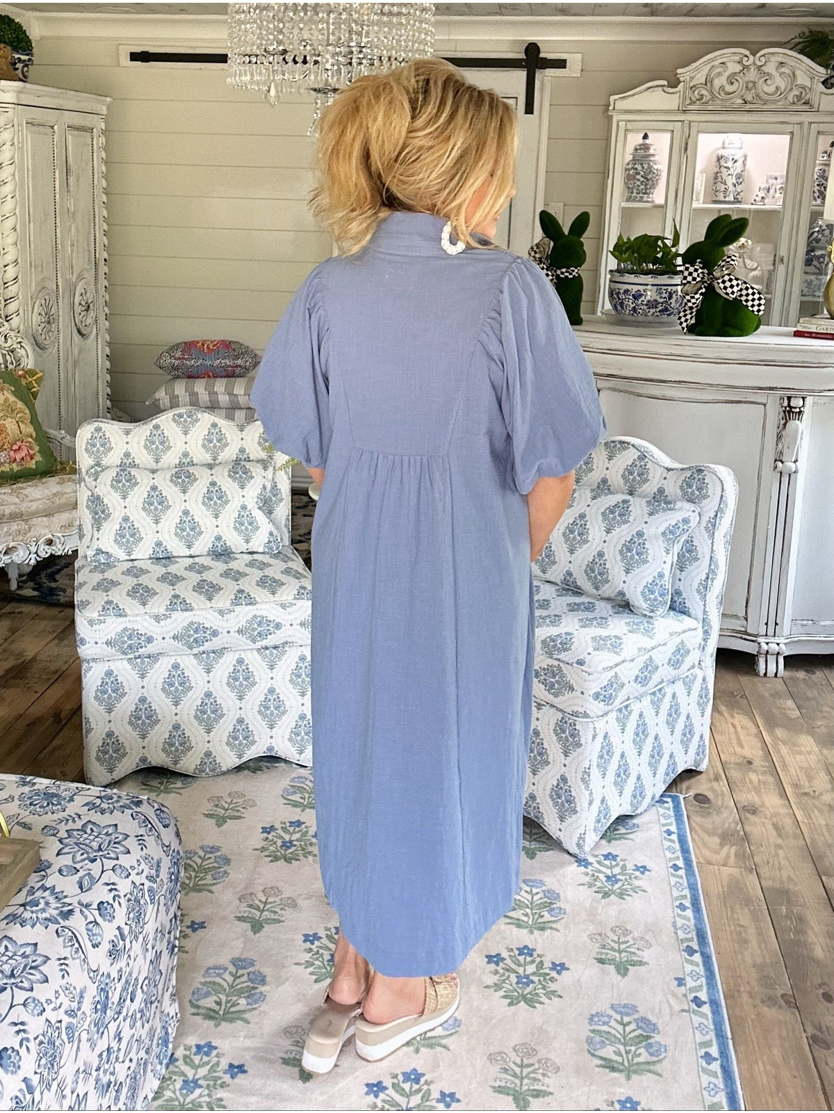 Smocked Front Cotton Midi Dress in Lagoon