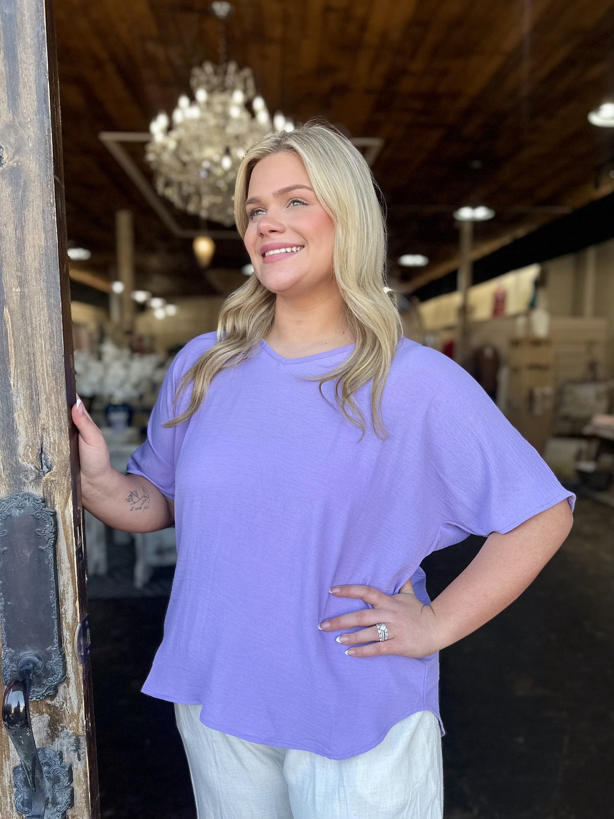 Lavender Woven Airflow V-neck Short Sleeve Top
