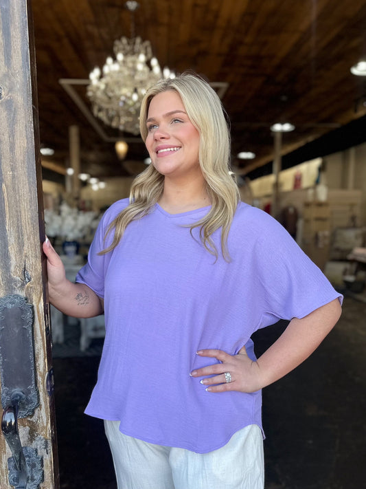 Lavender Woven Airflow V-neck Short Sleeve Top