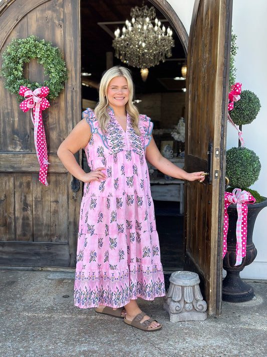 Floral Tiered Midi Dress with Ruffle Sleeves