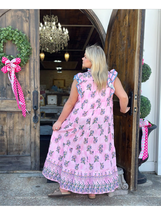 Floral Tiered Midi Dress with Ruffle Sleeves