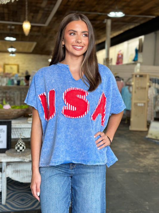 MINERAL WASHED USA PATCHED KNIT TOP