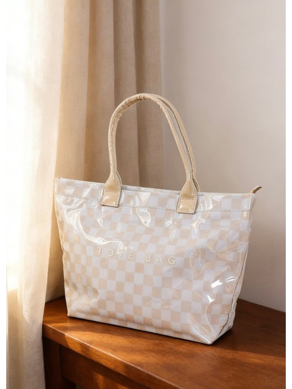 Beige PVC KRAFT CHECKERED TOTE BAG