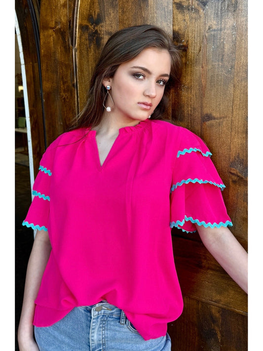 Carissa Ric Rac Top- Hot Pink/ Turquoise
