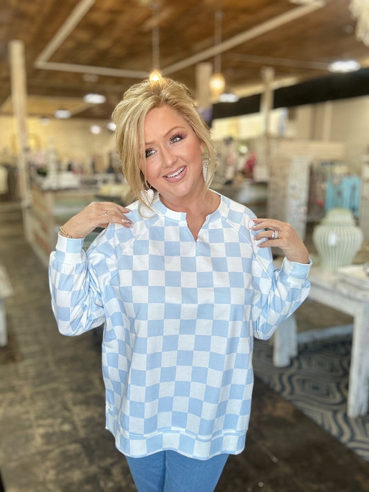Riley French Terry Pullover- Blue Checkered