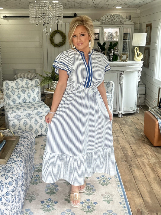 Ocean Pinstripe Contrast Trim Midi Dress