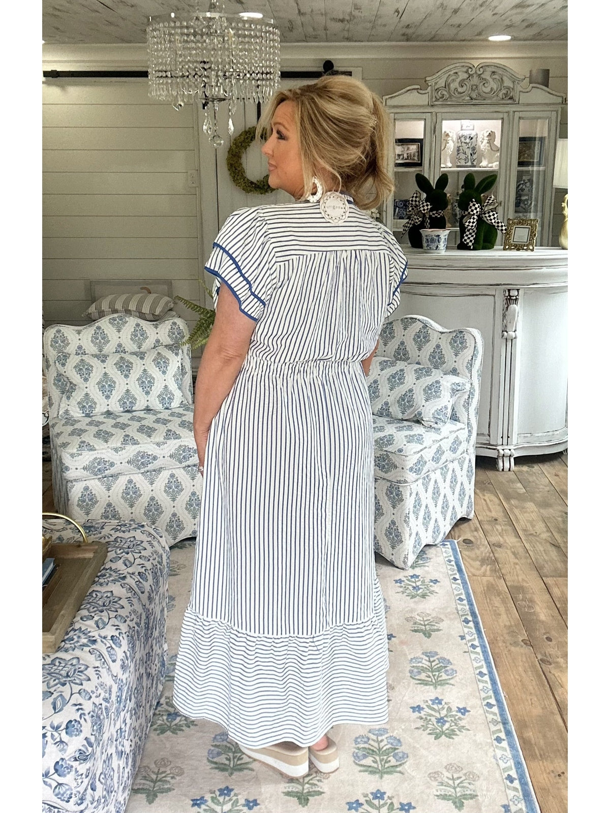 Ocean Pinstripe Contrast Trim Midi Dress