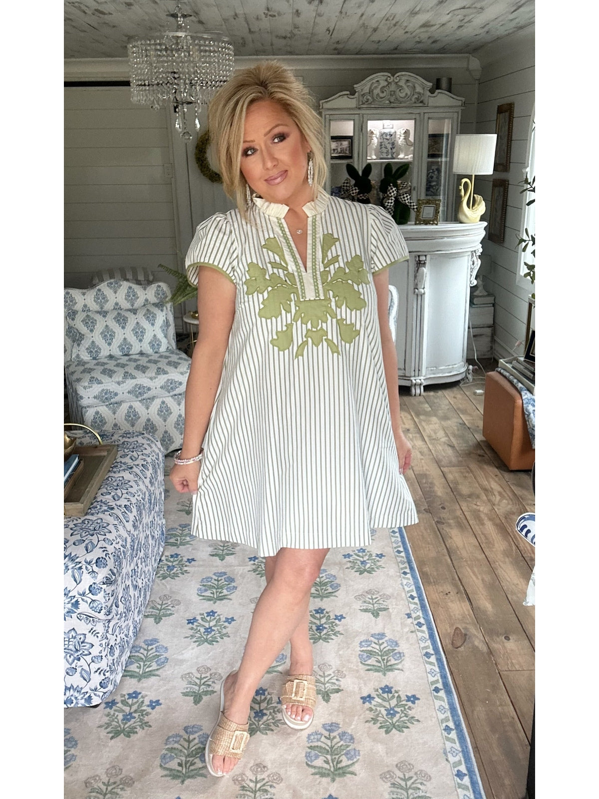 Sage Striped Floral Applique Shift Dress