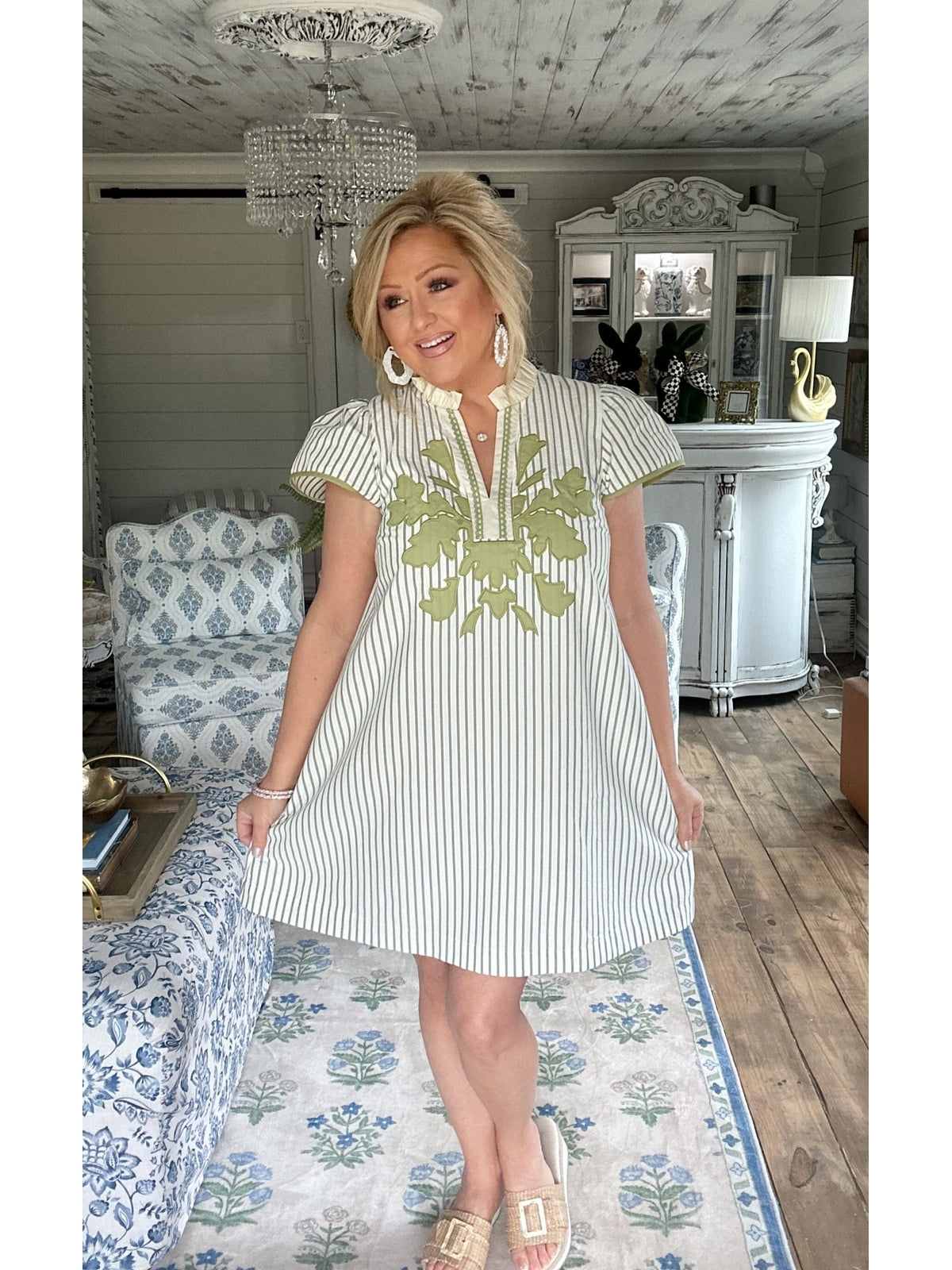 Sage Striped Floral Applique Shift Dress