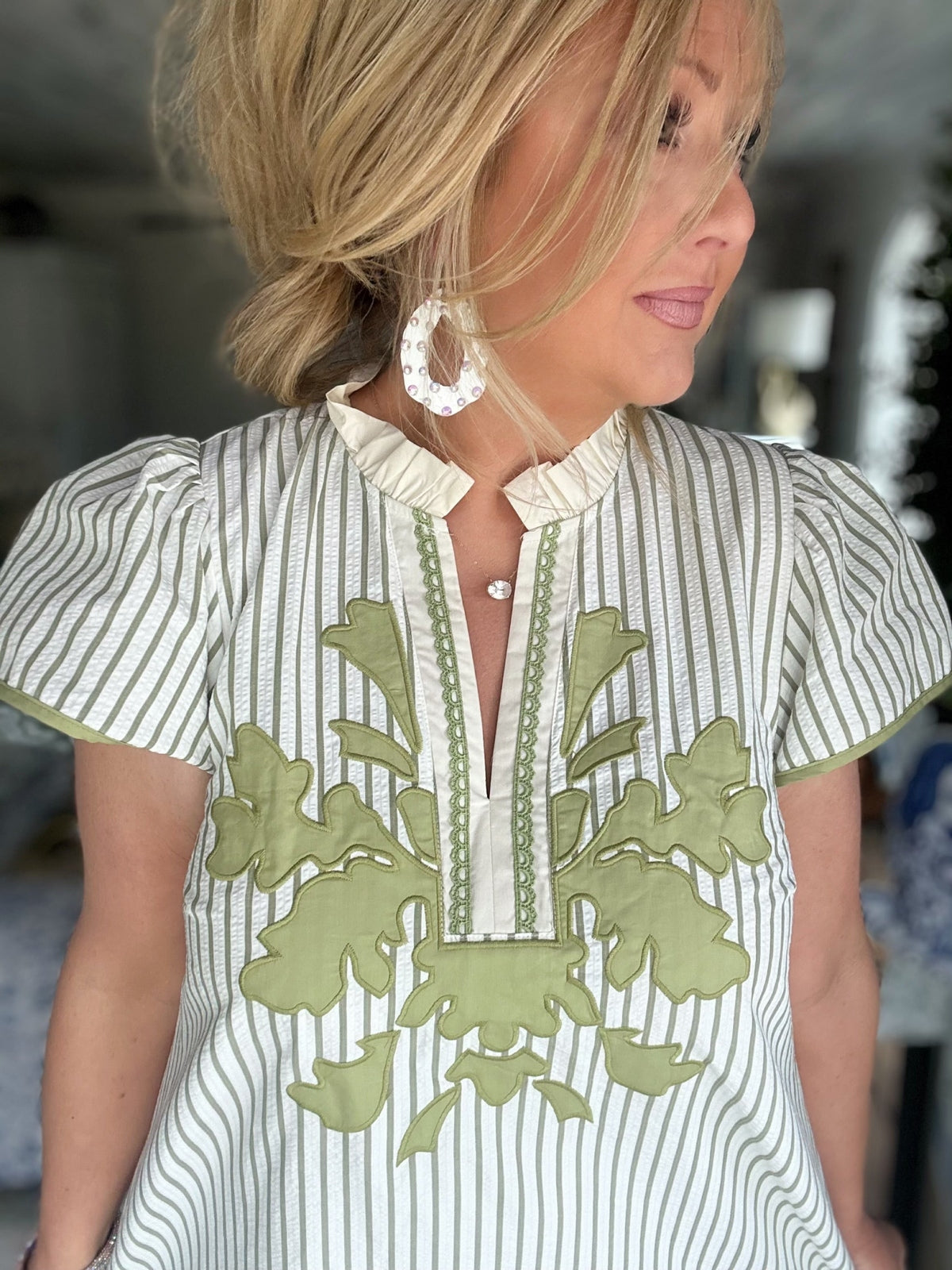 Sage Striped Floral Applique Shift Dress