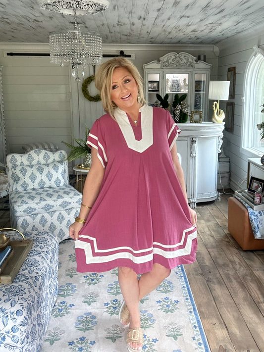 Berry Linen Contrast Trim Short Sleeve Dress