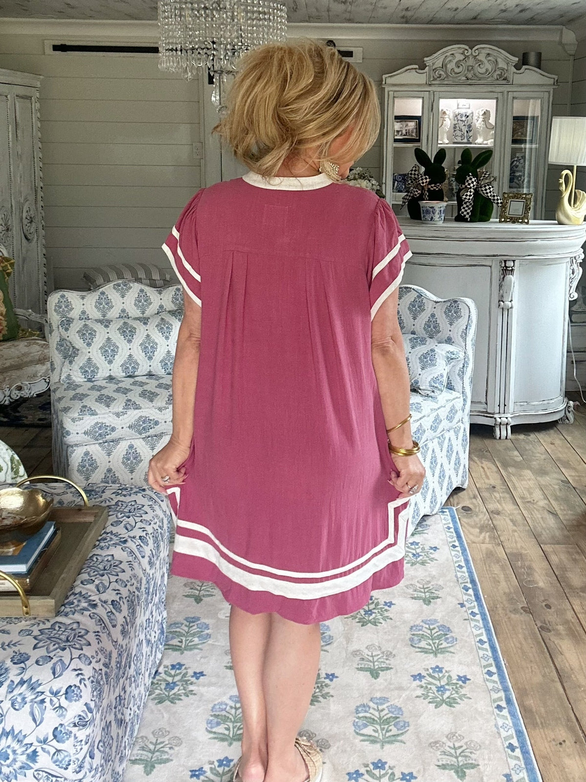 Berry Linen Contrast Trim Short Sleeve Dress